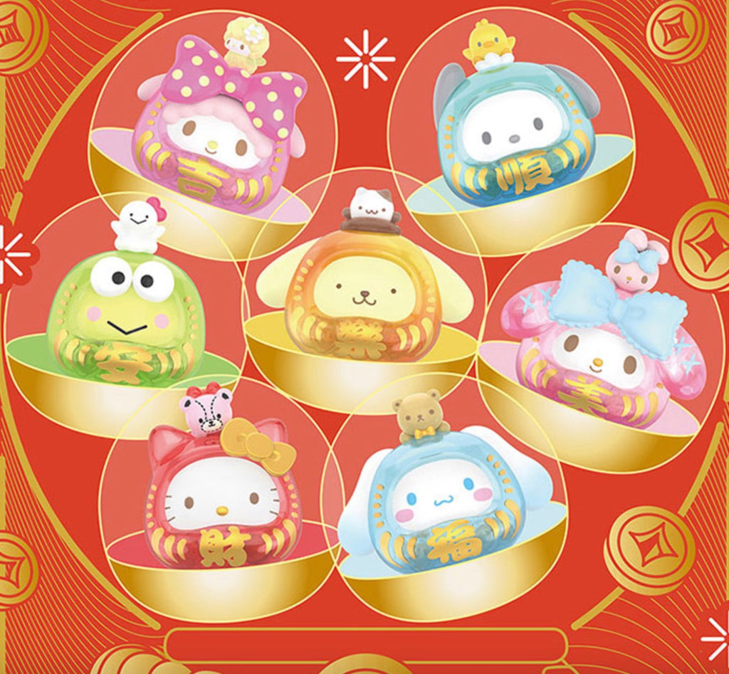 Complete set of Sanrio Dharma Doll Gachapon blind box figurines displayed in a themed arrangement