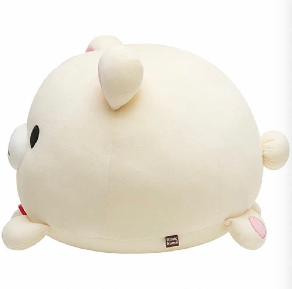 Side view of the Korilakkuma Mochi Cushion M Size showing the soft, plush texture and the authentic San-X labe