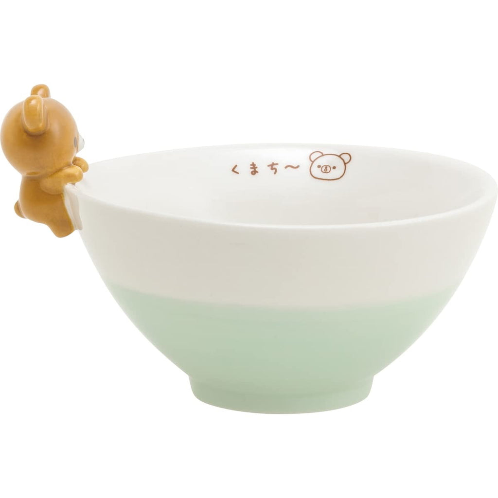 Charming San-X Chawan bowl with a mint-green base, white interior, and a 3D Chairoikoguma mascot clinging to the edge.