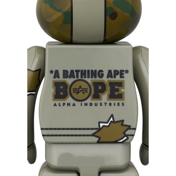 Detailed view of BE@RBRICK BAPE® x ALPHA CAMO SHARK 400％ figure's back, showcasing the collaborative branding and camo pattern