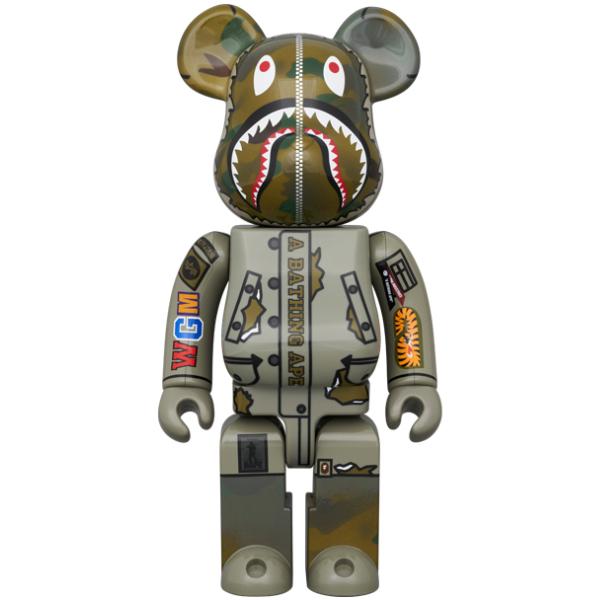 The collectible BE@RBRICK BAPE® x ALPHA CAMO SHARK 2023 set, featuring both 400％ and 100% figures in full camouflage with shark mouth motif
