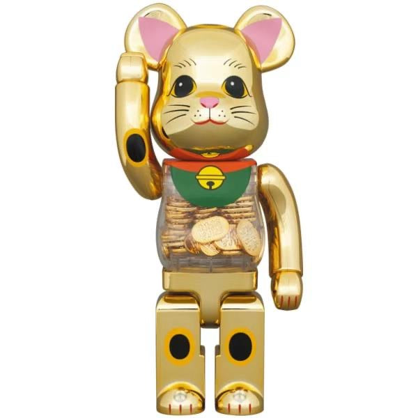 Front view of the BE@RBRICK 1000% Maneki-Neko Koban Gold figure, featuring the iconic waving cat in a gold finish.