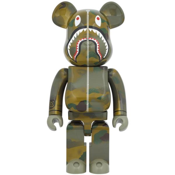Full-length image of Bearbrick BAPE® × ALPHA CAMO SHARK 2023 1000% collectible with camouflage pattern.