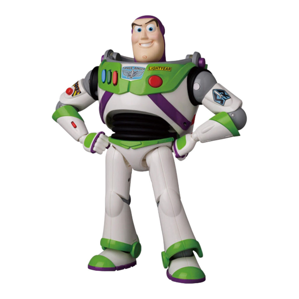 Life-sized Buzz Lightyear action figure from "TOY STORY" with detailed facial features, movable wings, and articulated joints, showcasing its interchangeable facial parts and wrist components.