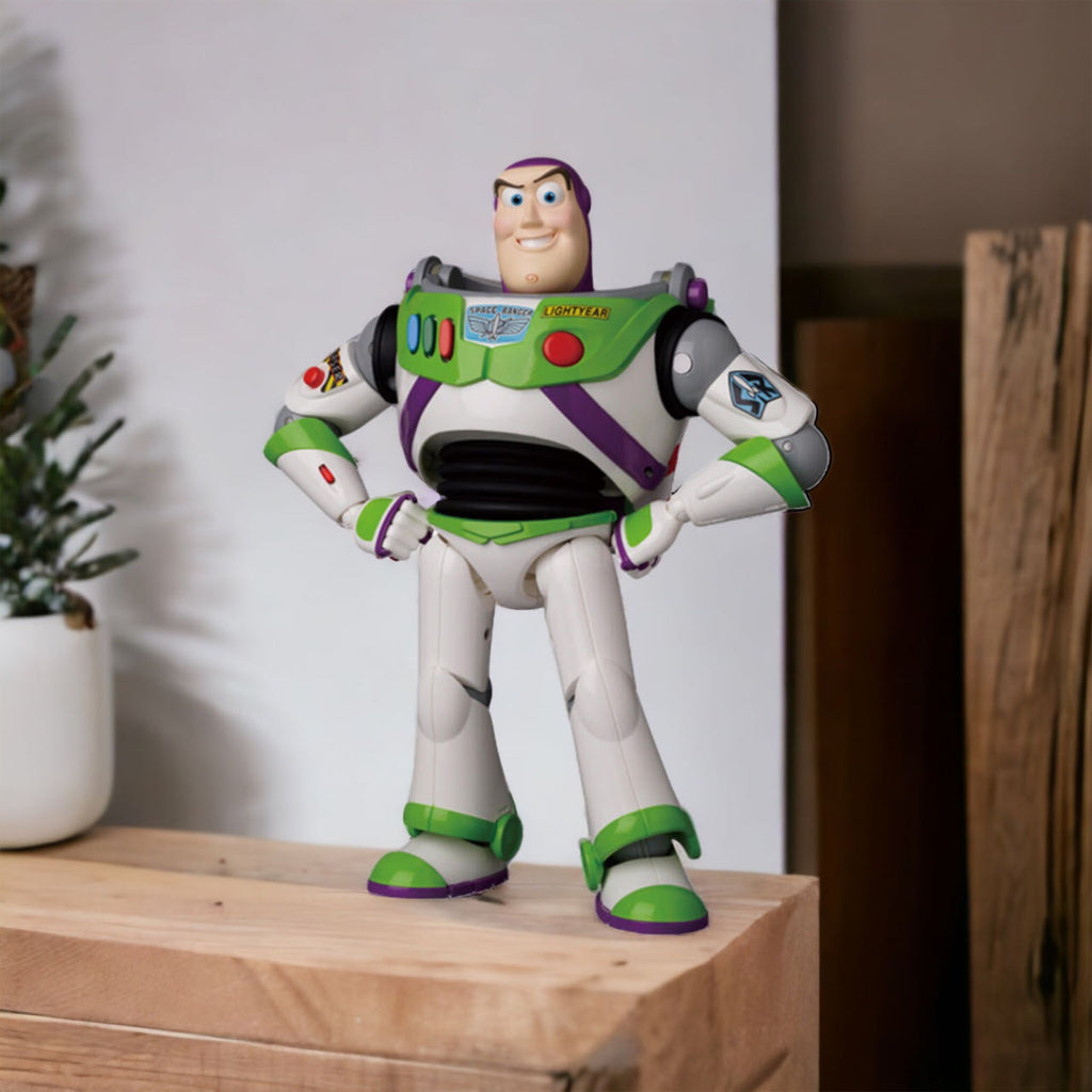 Life-sized Buzz Lightyear action figure from "TOY STORY" displayed on a wooden surface, with a white potted plant in the background.