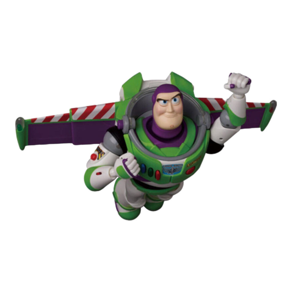 Buzz Lightyear action figure from "TOY STORY" in a flying pose with wings extended, showcasing a striped red and white pattern on the wings.