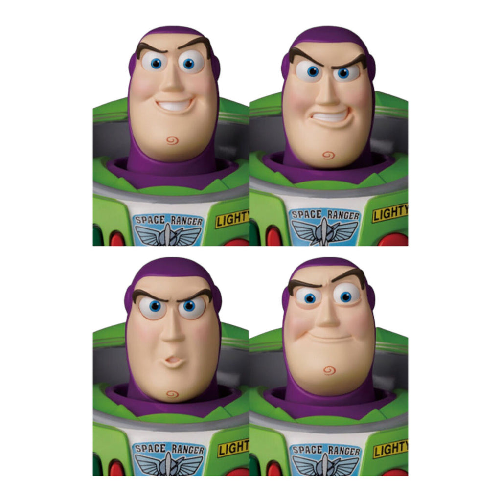 Four different facial expressions of Buzz Lightyear action figure from "TOY STORY", showcasing various emotions from smiling to surprised. Each face features the 'SPACE RANGER' logo and detailed design on the chest.