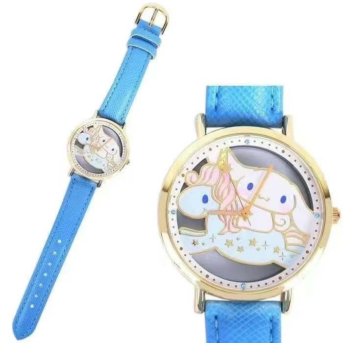 Elegant Sanrio Cinnamoroll wristwatch with a blue strap and a whimsical unicorn-themed face in a presentation box.