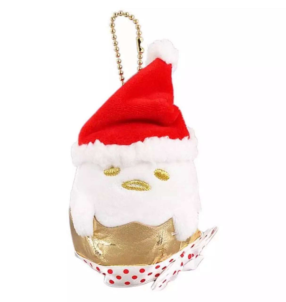 Sanrio Gudetama Christmas Edition Keychain Plush with a Santa hat and golden base