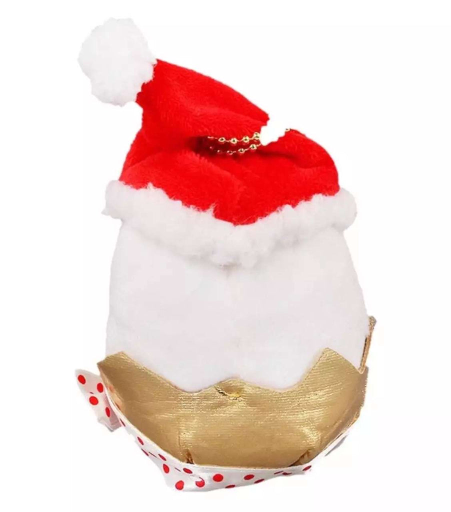 Rear view of a Sanrio Gudetama Christmas keychain plush with Santa hat and festive decorations.