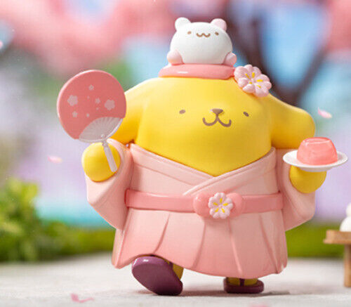 Pompompurin figure dressed in a pink kimono with a wagashi hat, a figure from the Sanrio Blossom & Wagashi Series Blind Box.