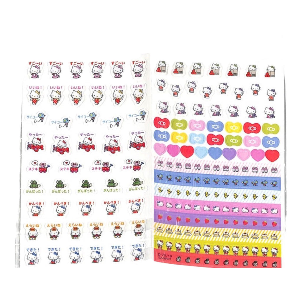 Sheet of Sanrio Hello Kitty stickers showcasing various poses of Hello Kitty, cute heart designs, and other adorable Sanrio characters