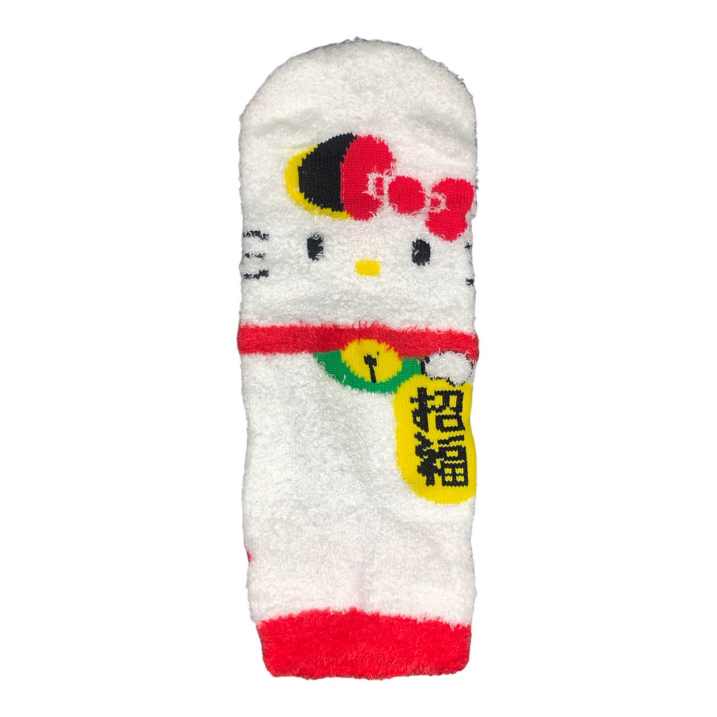 Sanrio Hello Kitty Cup Noodle design socks laid flat, displaying the iconic character with fortune cat details.