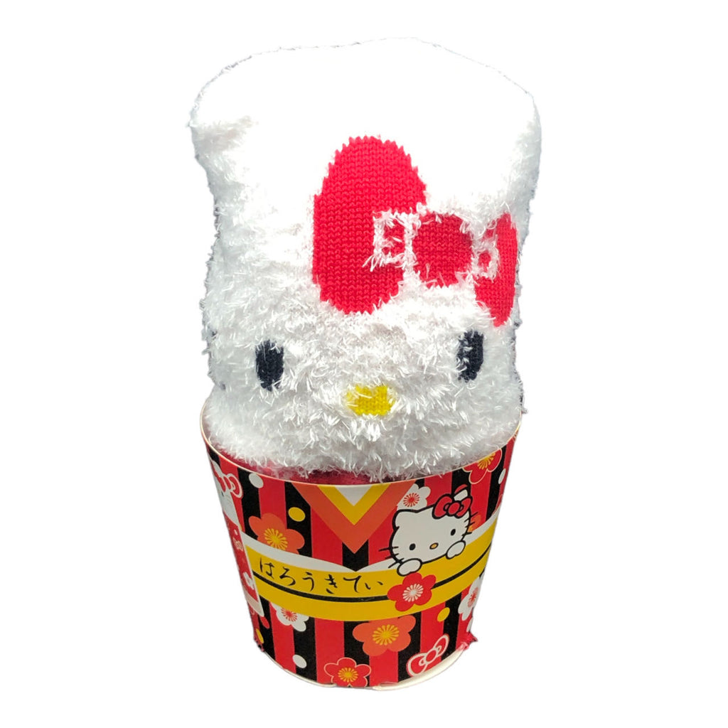 Sanrio Hello Kitty Socks packaged in a clear container, featuring a kimono-inspired design with classic Japanese motifs.