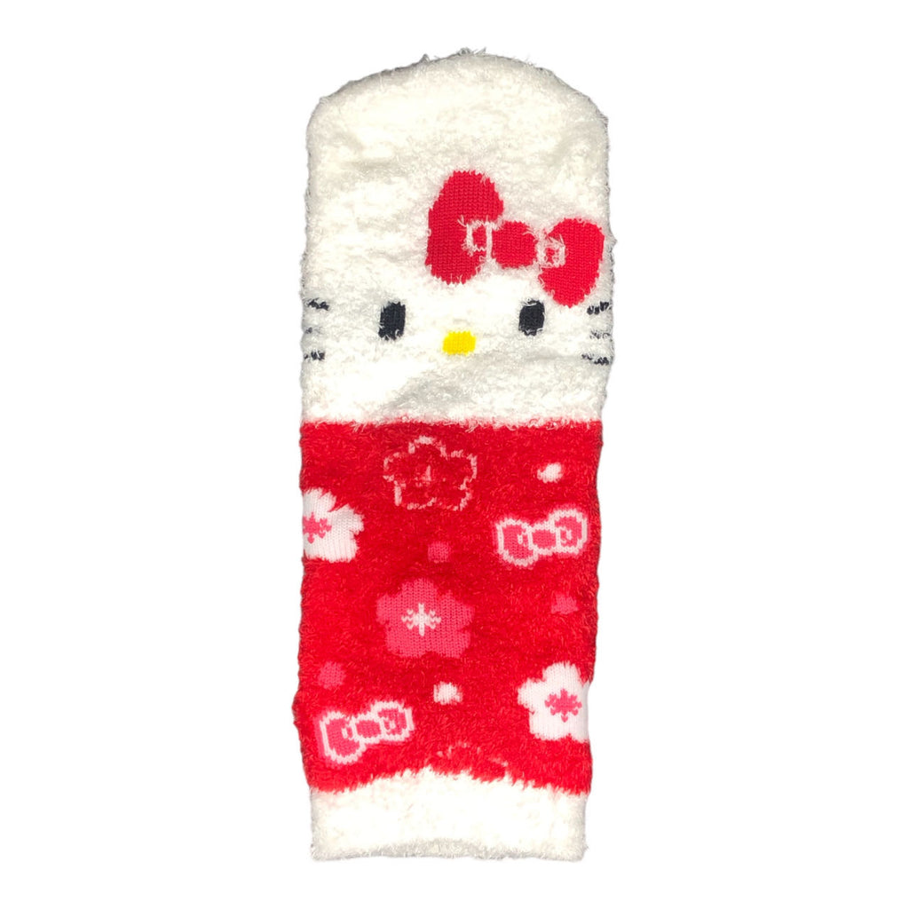 Soft and plush Sanrio Hello Kitty Socks with a red and white kimono pattern, complete with Hello Kitty's signature red bow.