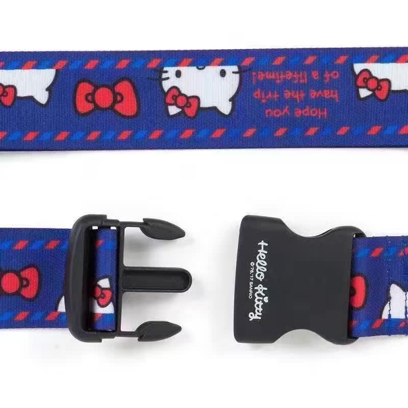 Sanrio Hello Kitty luggage strap buckle detail, highlighting the secure black clasp with Hello Kitty branding.