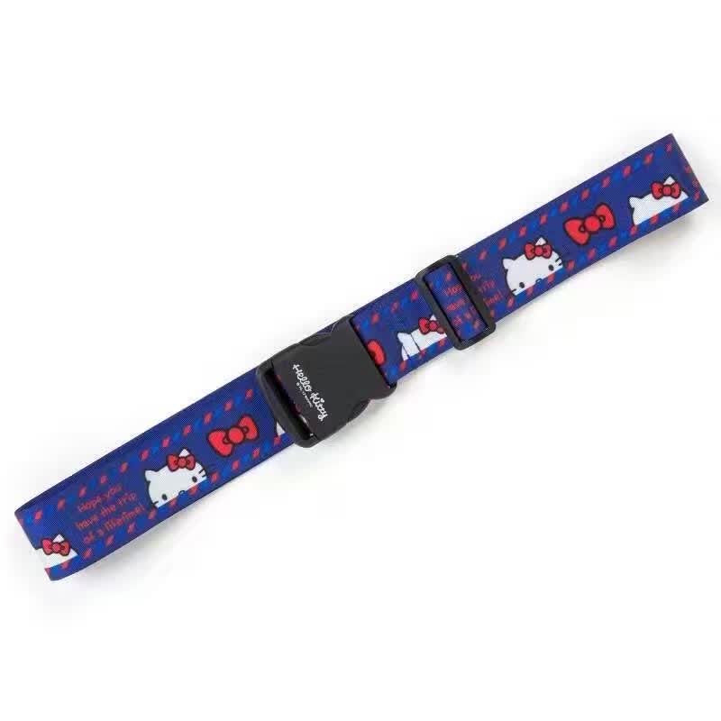 Sanrio Hello Kitty luggage strap with a full view showcasing the length and buckle, adorned with Hello Kitty graphics and heart patterns on a blue background.