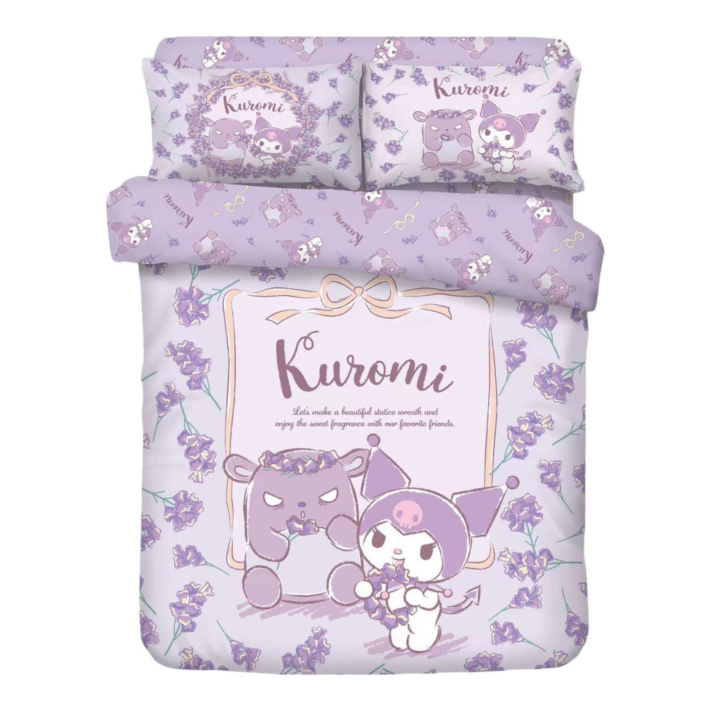 Lavender Sanrio Kuromi bedding set showcasing Kuromi character prints and floral accents.