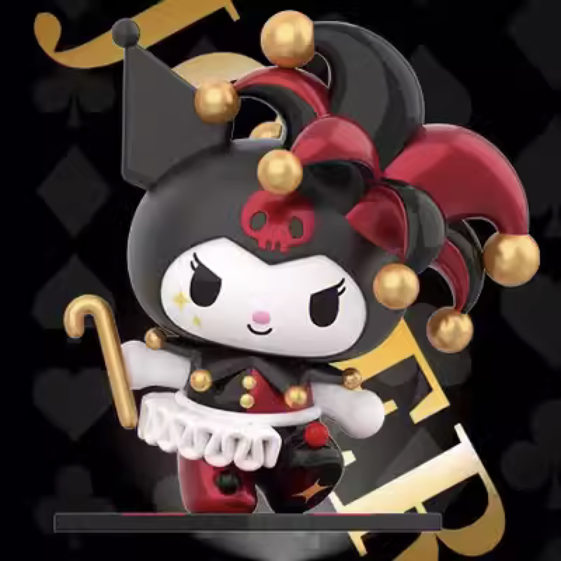 Kuromi dressed as a charming poker queen in a red and gold outfit, from the Sanrio Blind Box series