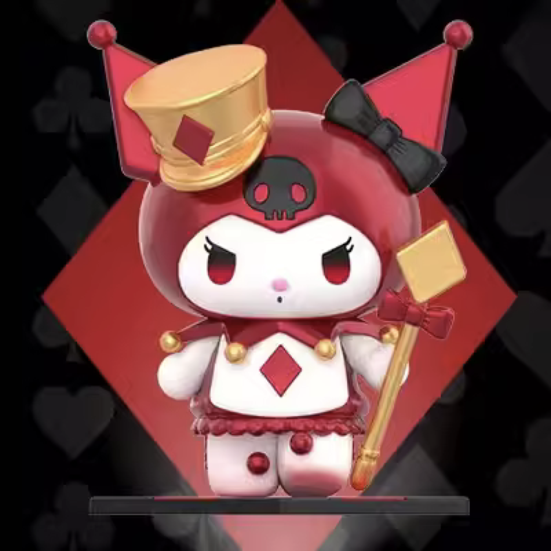 Sanrio Kuromi figurine as a poker queen with a heart staff and top hat, a collectible from the Poker Kingdom Blind Box