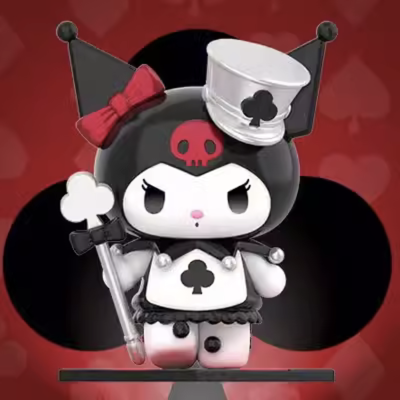 Kuromi figurine from Sanrio Characters Poker Kingdom series, dressed in a black and white jester outfit with club symbols and a top hat