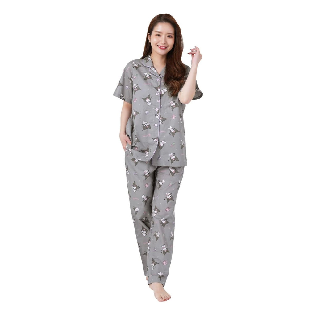 Full-body image of a woman smiling in a comfortable Kuromi Gray Pajama Set, perfect for a relaxed night in.