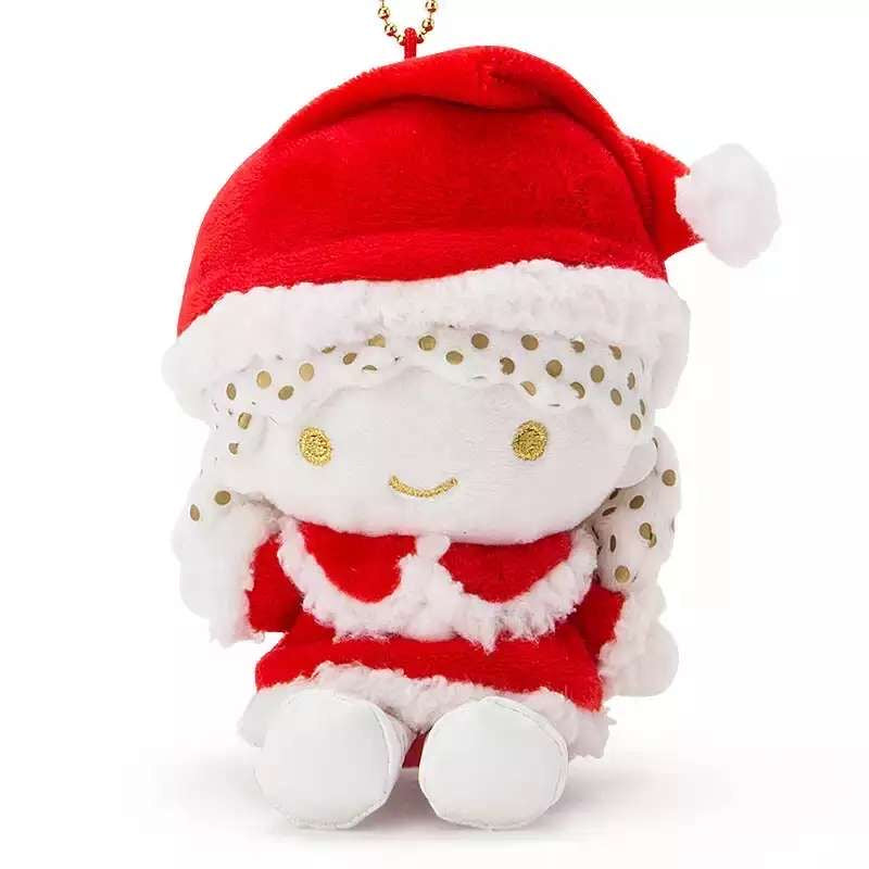 Close-up of Little Twin Stars Lala Christmas keychain plush with golden accents and holiday apparel