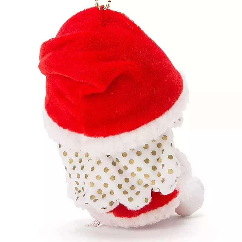 Side view of Sanrio Little Twin Stars Lala plush keychain dressed in a Santa Claus costume.