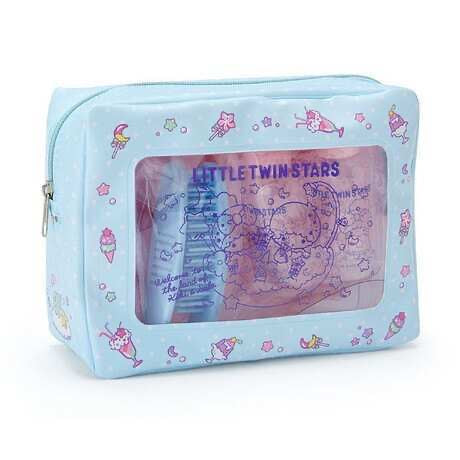 Blue Sanrio Little Twin Stars travel organizer bag with a transparent window showcasing the characters' whimsical design.