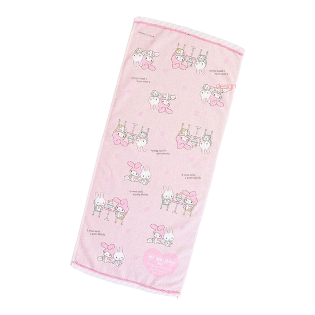 Sanrio My Melody Long Towel in pink with cute character prints enjoying a tea party and various activities, ideal for daily use.