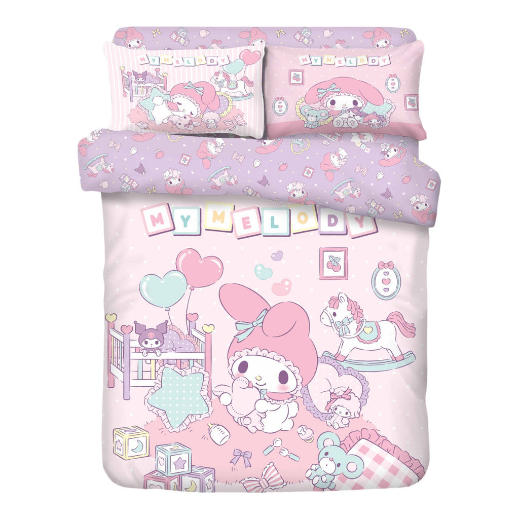 My Melody themed bed set from Sanrio with cute detailing like hearts, unicorns, and dreamy cloud motifs.