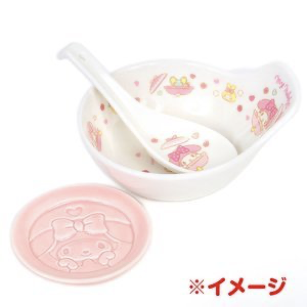 Sanrio My Melody heart-shaped ceramic bowl with a matching spoon, perfect for a kawaii kitchen collection
