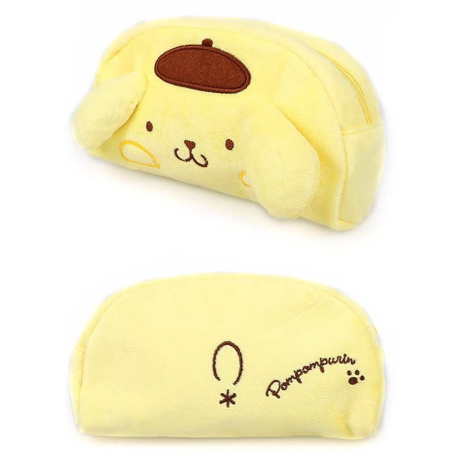 Back view of Pompompurin plush pouch showing the embroidered Pompompurin name and paw print detail.