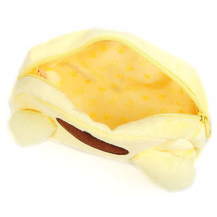 Interior view of Pompompurin plush pouch with yellow star pattern lining and open zipper.