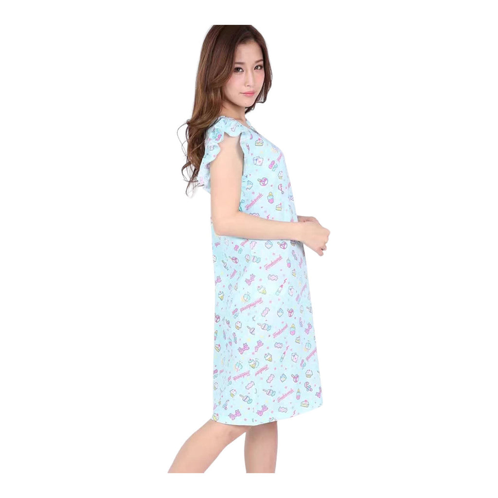 Side view of a woman wearing a Sanrio printed lounge dress, showcasing the knee-length cut and relaxed fit