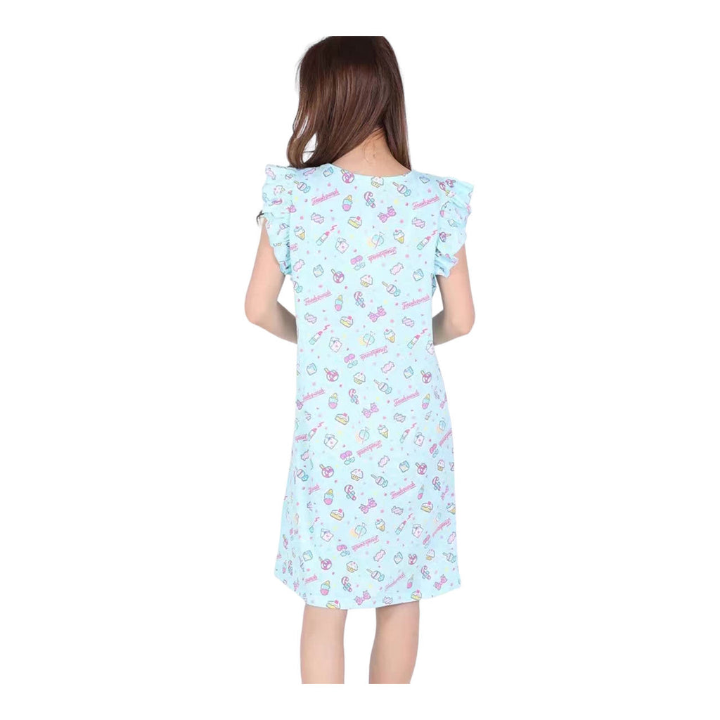 Back view of a Sanrio printed lounge dress on a model, highlighting the soft ruffle detailing on the sleeves and all-over character design.