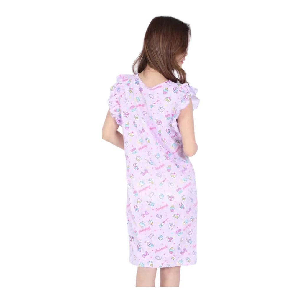 Rear view of the Sanrio print lounge dress showing the continuous character pattern and soft ruffle details on the shoulders