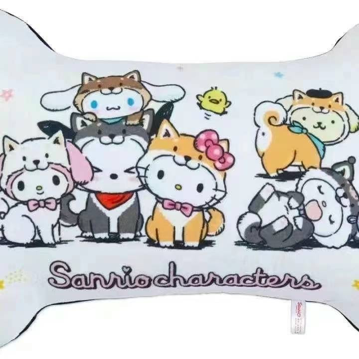 Close-up of the Sanrio characters bone-shaped neck pillow highlighting the adorable detailed artwork of Sanrio friends