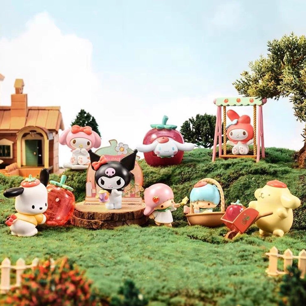Sanrio Characters Strawberry Farm Blind Box collection displayed in a miniature farm setting.