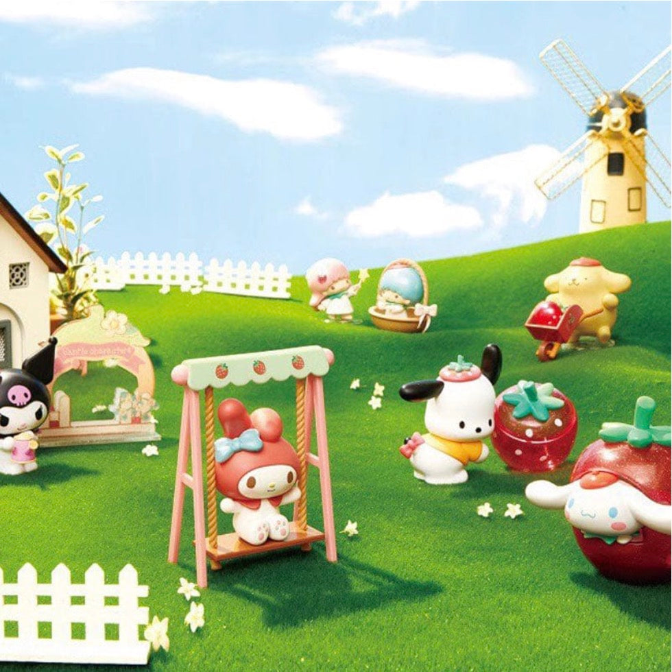 Sanrio miniatures on a strawberry farm setup, featuring Kuromi, Pochacco, and Cinnamoroll from the blind box collection