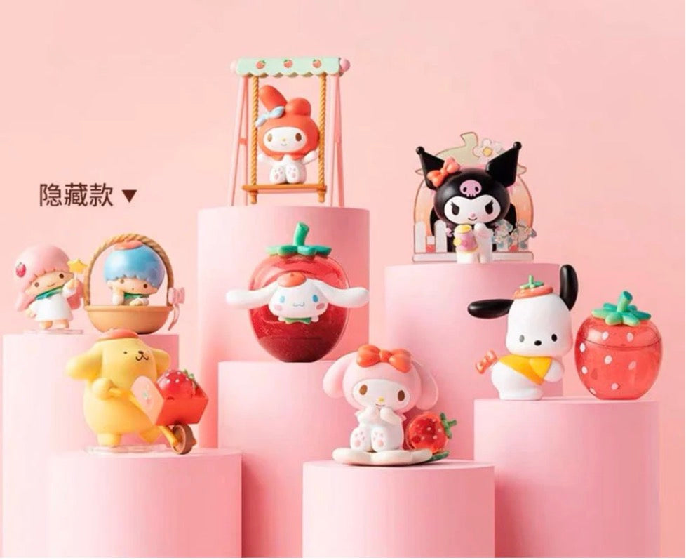 Collection of Sanrio Strawberry Farm figures with My Melody on a swing and other characters with strawberries.