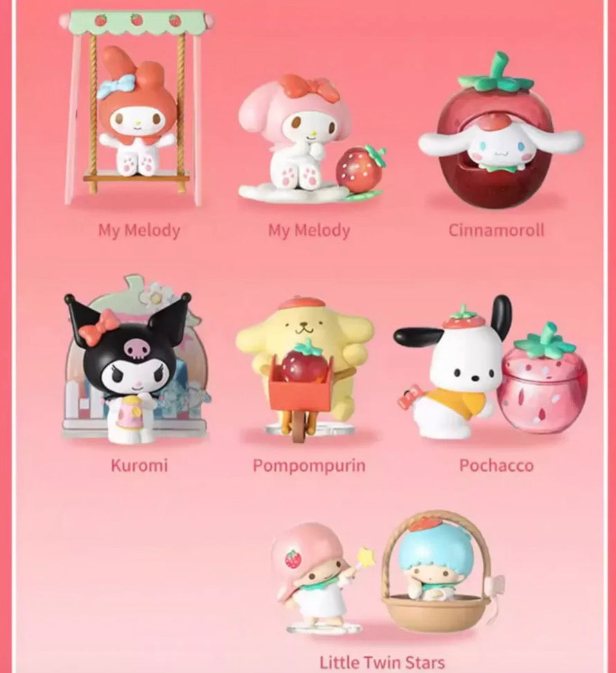 Promotional image of Sanrio Characters Strawberry Farm Blind Box with names of characters like Little Twin Stars and Kuromi