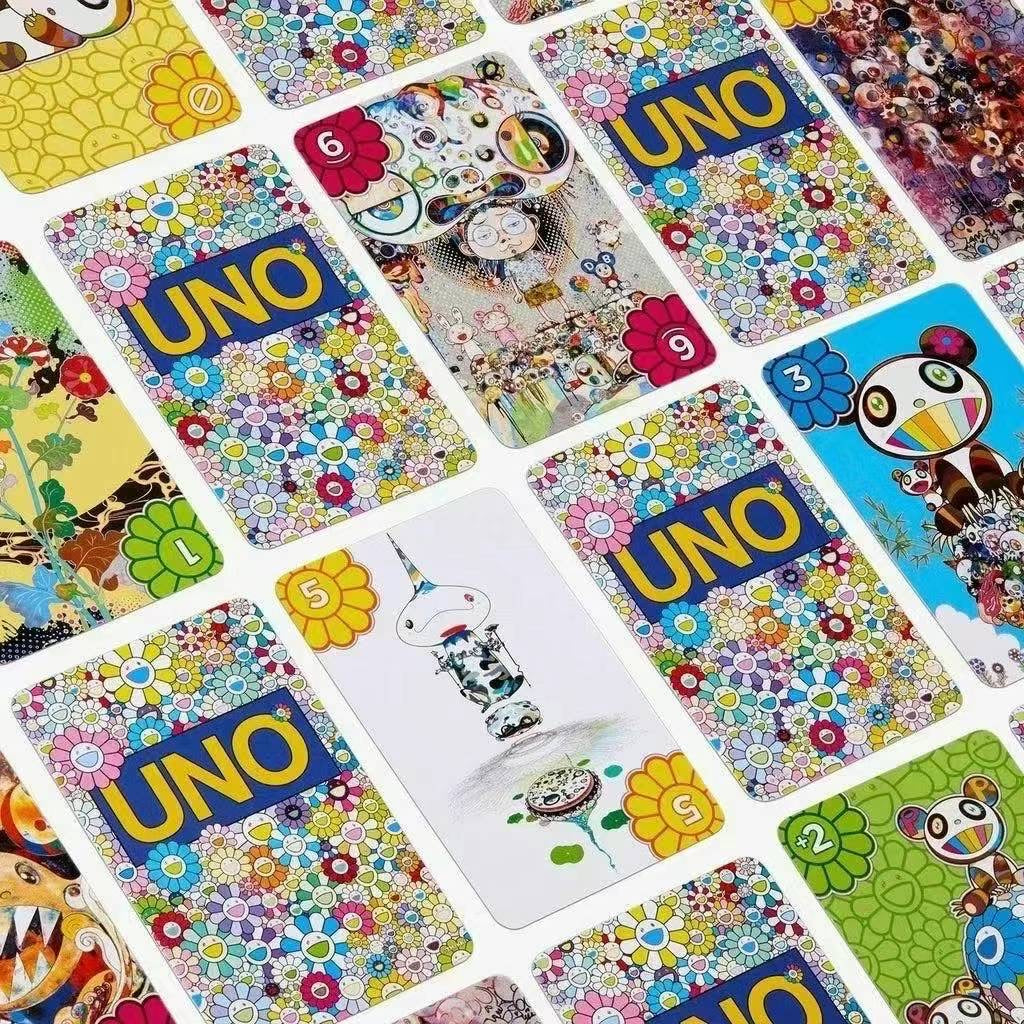 Assortment of Takashi Murakami-themed UNO cards featuring vibrant flower patterns, iconic characters, and whimsical designs.