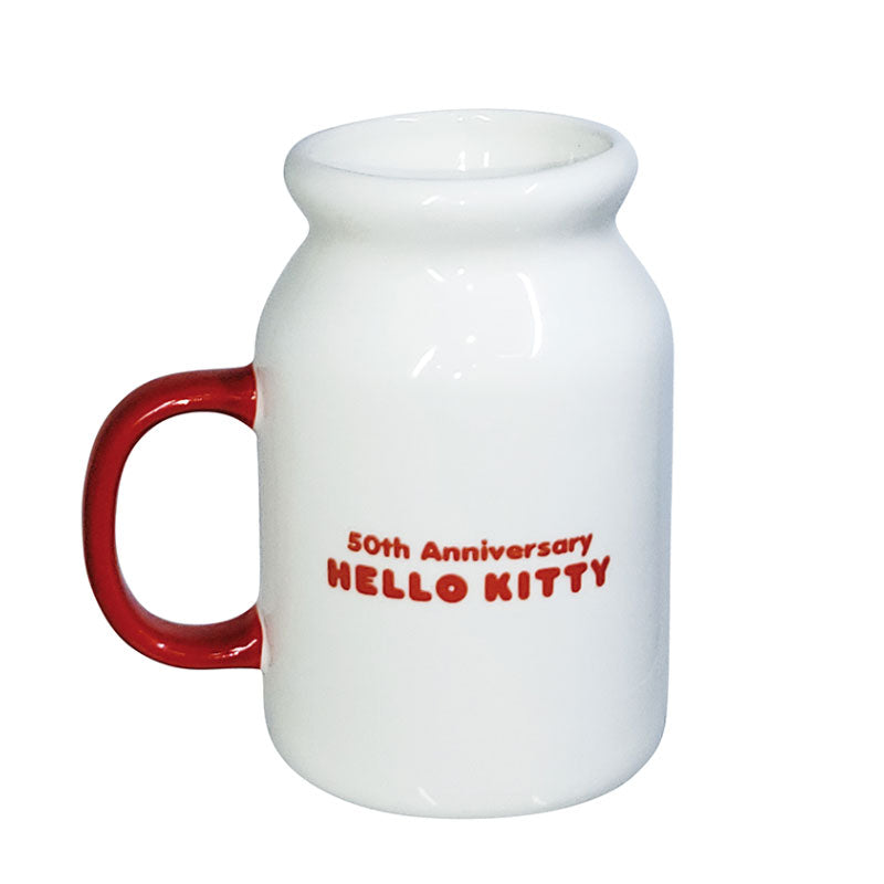 Back view of the Hello Kitty 50th Anniversary milk bottle style mug, showing the "50th Anniversary Hello Kitty" text in red.