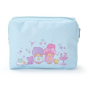 Light blue Sanrio Little Twin Stars cosmetic bag with polka dots and character illustrations on the front.