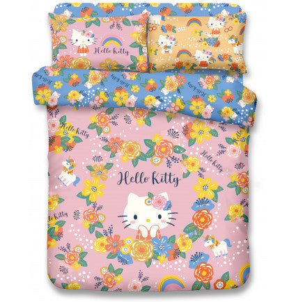 Sanrio Hello Kitty bedding set featuring a pink background, Hello Kitty's face, flowers, rainbows, and other delightful patterns.