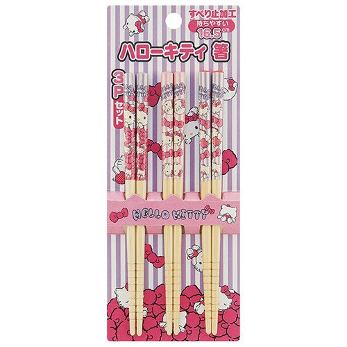 Front view of Hello Kitty Bamboo Chopsticks Set in packaging, featuring three unique designs