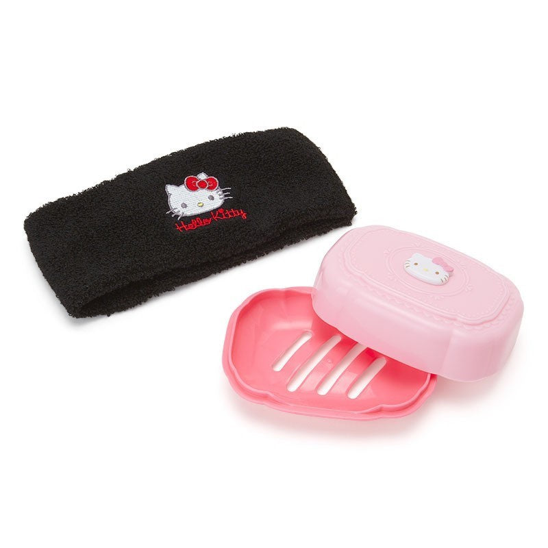 Hello Kitty Face Washing Set showing a pink soap case with Hello Kitty design and a black embroidered hair band.