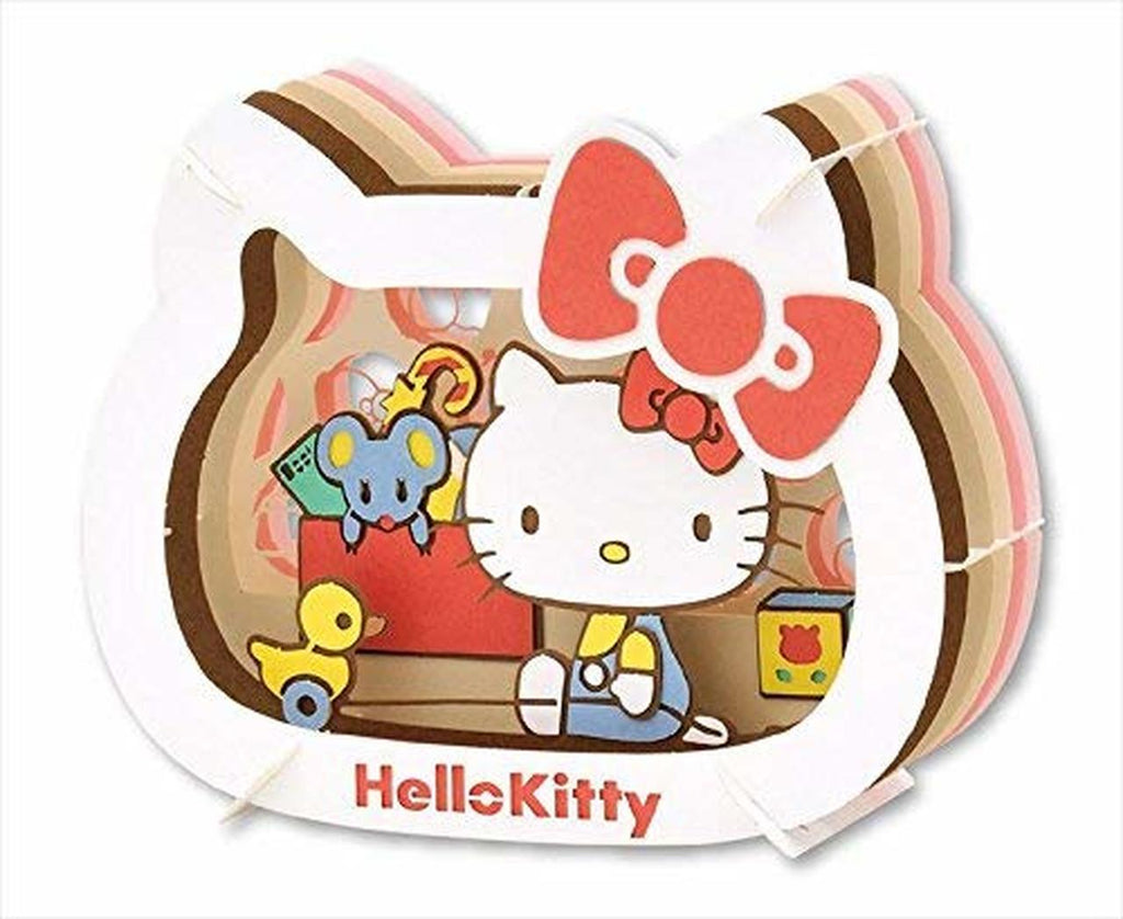 Sanrio Hello Kitty Paper Theater featuring Hello Kitty with a toy mouse and duck in a 3D layered paper craft frame.
