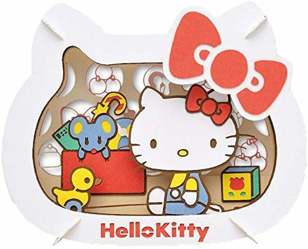 Side view of Hello Kitty Paper Theater showing the multi-layered 3D effect with Hello Kitty and colorful toys.